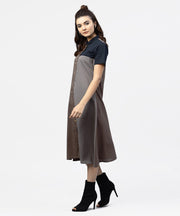 Grey and Blue Color Blocking A-Line Dress with Shirt collar and Half sleeves