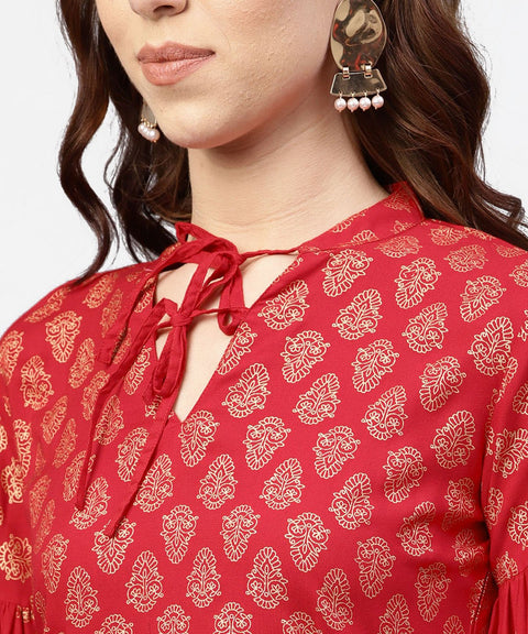 Red Printed Short kurta with key hole neck and 3/4 sleeves