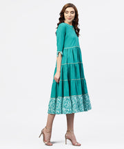 Turquiose Blue tiered dress with Round Neck and 3/4 sleeves
