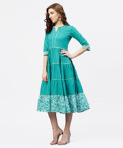 Turquiose Blue tiered dress with Round Neck and 3/4 sleeves