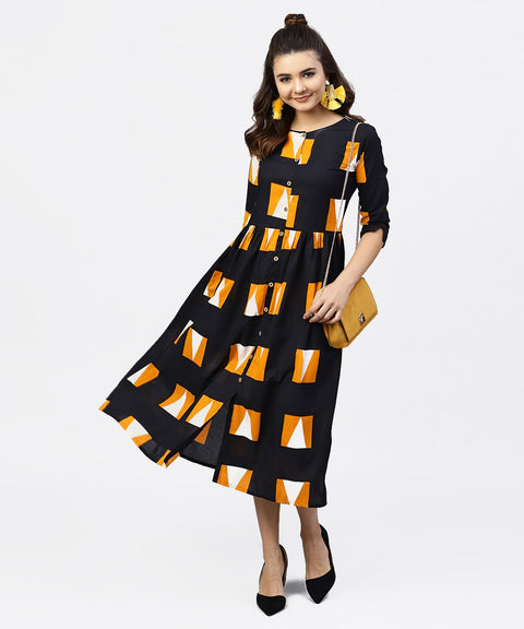 Black Round neck Printed dress with Front Placket and 3/4 sleeves