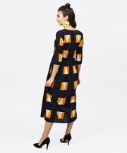 Black Round neck Printed dress with Front Placket and 3/4 sleeves