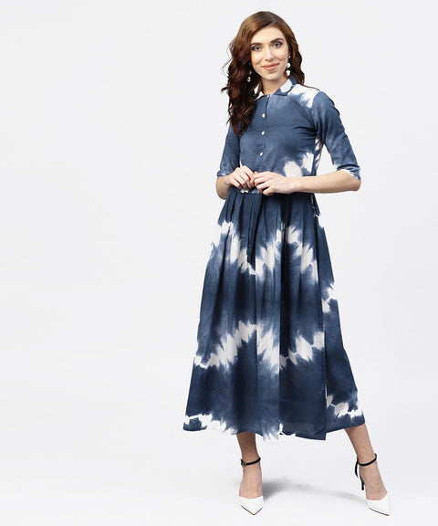 Navy blue 3/4th sleeve tie dye printed cotton A-line maxi dress with belt