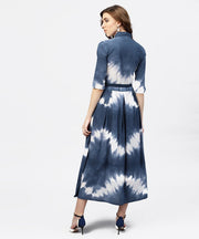 Navy blue 3/4th sleeve tie dye printed cotton A-line maxi dress with belt
