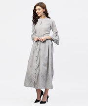 Off white block printed 3/4th sleeve maxi dress in handloom fabric