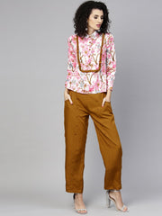 Women Pink & Mustard Yellow Printed Top with Trousers