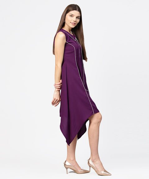 Purple sleeveless A-line dress with piping work