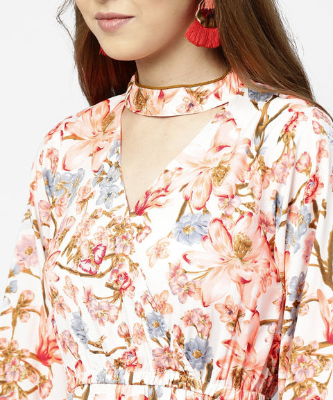 Peack flower print full sleeve A-line dress