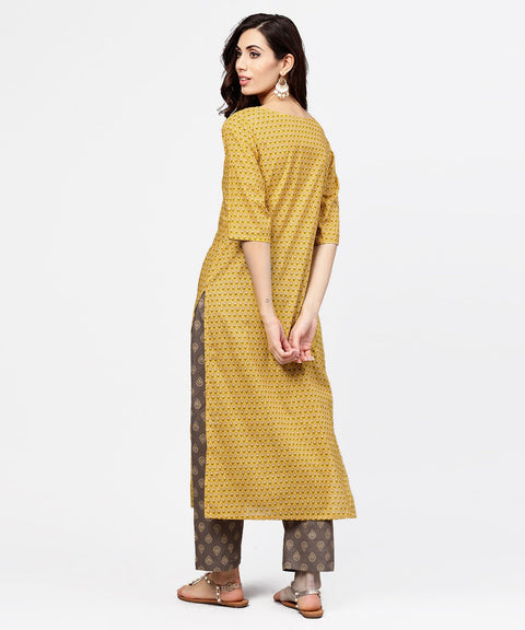 Yellow 3/4th sleeve cotton kurta with grey printed pallazo