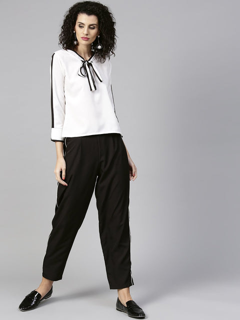 Women White & Black Solid Top with Trousers