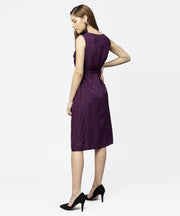 Purple sleeveless A-line dress with belt