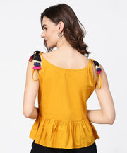 Yellow yoke design cotton tops with dori work at shoulder