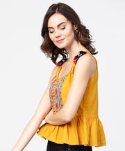 Yellow yoke design cotton tops with dori work at shoulder