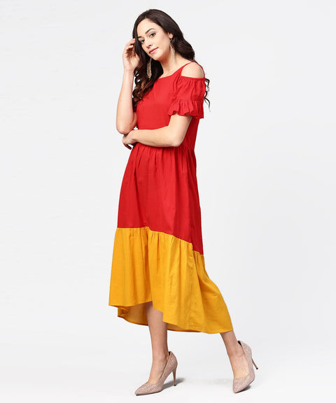 Red & Yellow short cold shoulder cotton maxi dress