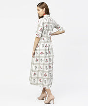 Off white printed half sleeve cotton maxi dress with belt