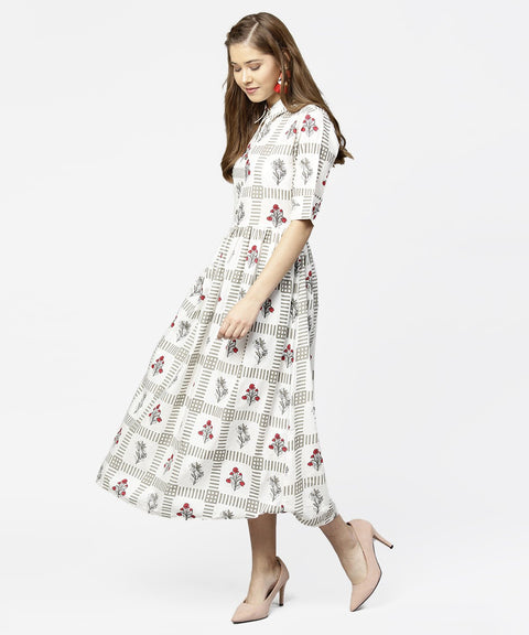 Off white printed half sleeve cotton maxi dress with belt