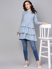 Solid Ice Blue Tired tunic with Madarin collar & 3/4 sleeves