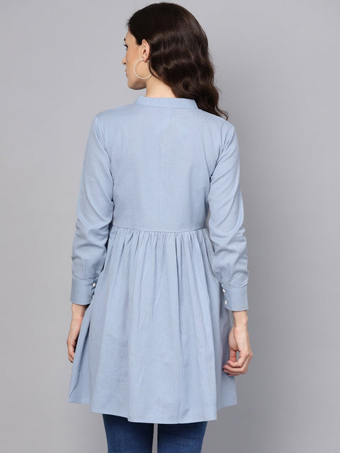 Solid Ice Blue Tired tunic with Madarin collar & 3/4 sleeves