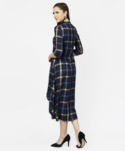Blue checked 3/4th sleeve cotton front slit dress