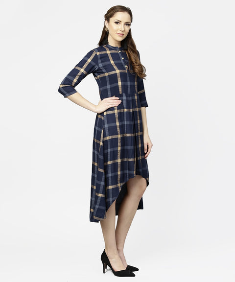 Blue checked 3/4th sleeve cotton front slit dress