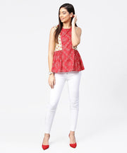 Red printed sleeveless cotton pleated top