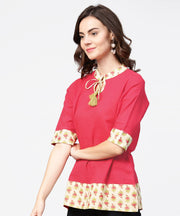 Pink half sleeve key hole neck cotton tops with printed border