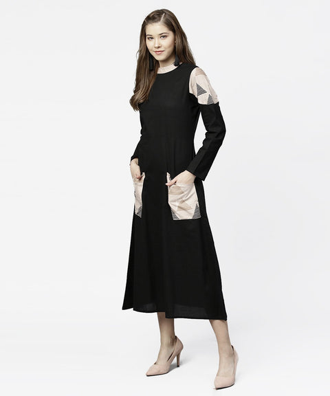 Black 3/4th sleeve cotton maxi dress with double pocket