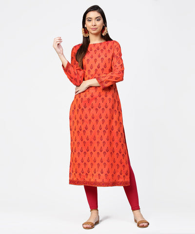 Red printed full sleeve straight cotton kurta