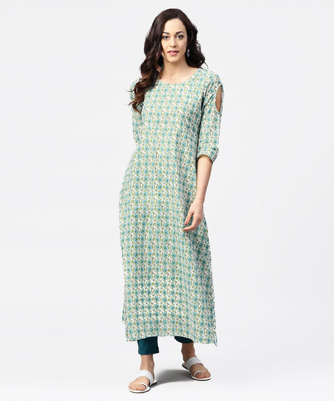 Green printed 3/4th sleeve cotton Maxi dress