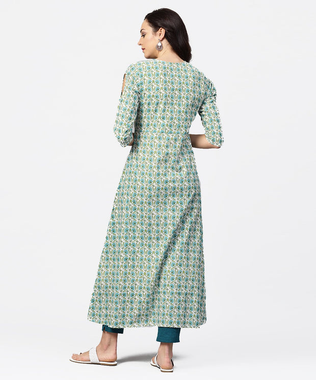 Green printed 3/4th sleeve cotton Maxi dress