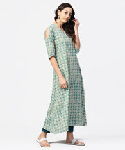 Green printed 3/4th sleeve cotton Maxi dress