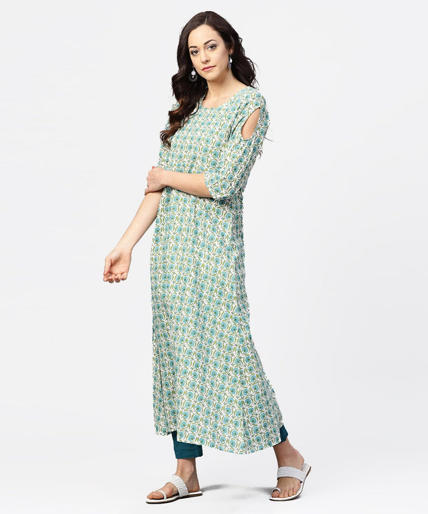 Green printed 3/4th sleeve cotton Maxi dress