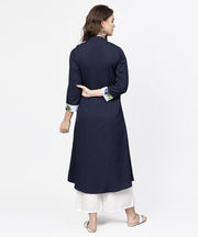 Navy blue 3/4th sleeve crepe A-line kurta with button at front