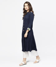 Navy blue 3/4th sleeve crepe A-line kurta with button at front