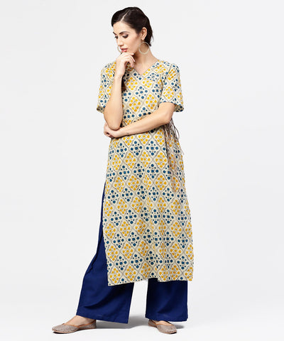 Yellow printed half sleeve cotton straight kurta with dori work