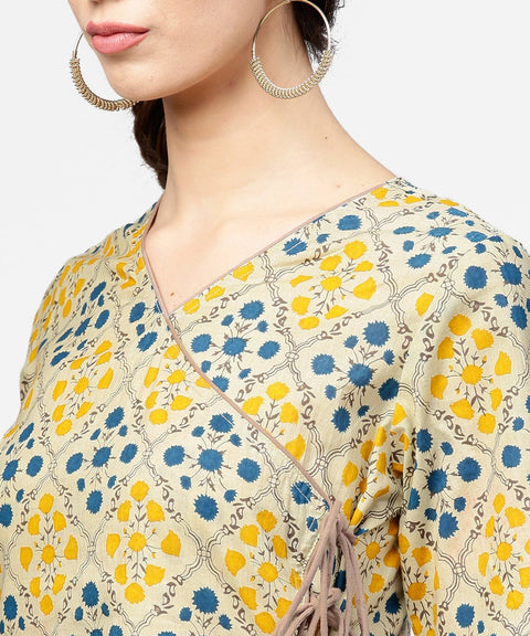 Yellow printed half sleeve cotton straight kurta with dori work