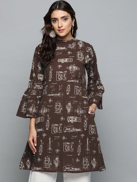 Brown Printed A-line dress with Roll collar & flared sleeves