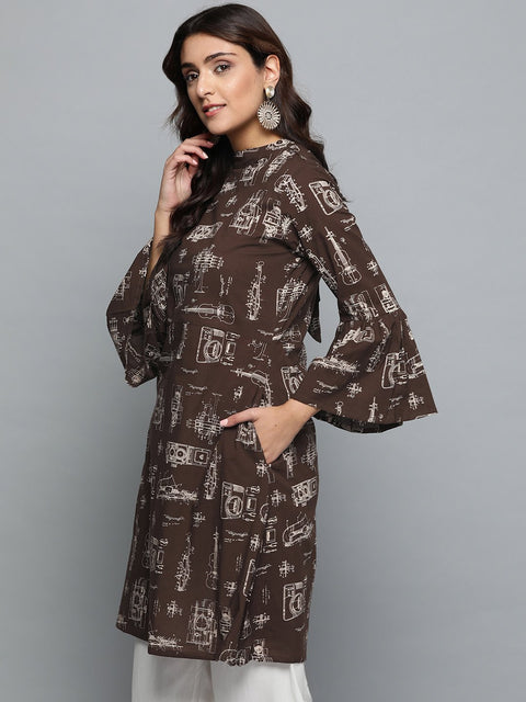 Aasi - House of Nayo Brown Printed A-line dress with Roll collar & flared sleeves