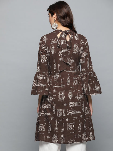 Brown Printed A-line dress with Roll collar & flared sleeves