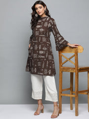 Brown Printed A-line dress with Roll collar & flared sleeves