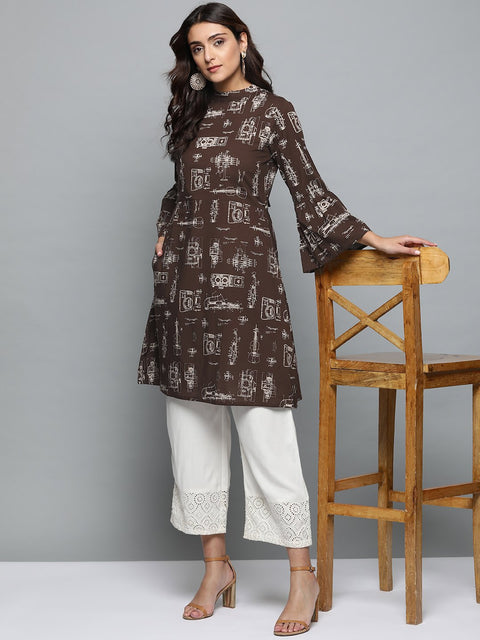 Brown Printed A-line dress with Roll collar & flared sleeves