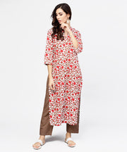 Off white printed 3/4th sleeve cotton kurta with brown ankle length pant