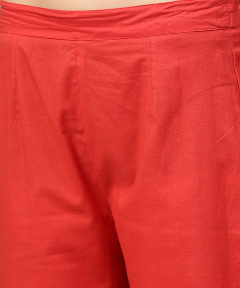 Beige printed 3/4th sleeve cotton kurta with maroon ankle length pallazo