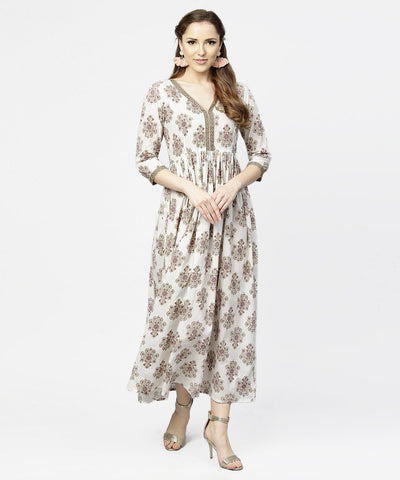 Off white printed 3/4th sleeve cotton maxi dress