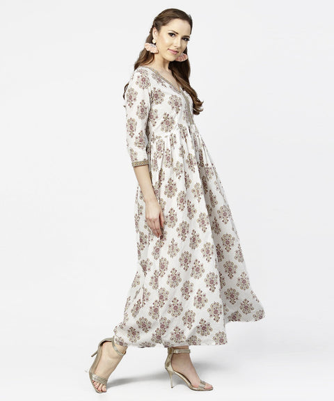 Off white printed 3/4th sleeve cotton maxi dress