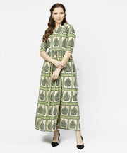 Green printed half sleeve cotton maxi dress