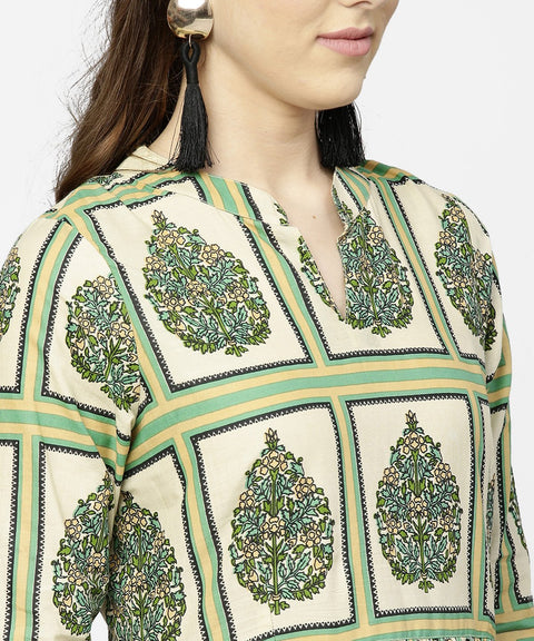 Green printed half sleeve cotton maxi dress