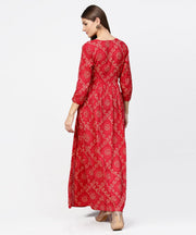 Red printed 3/4th sleeve cotton maxi dress