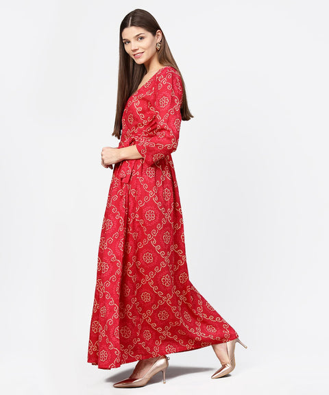 Red printed 3/4th sleeve cotton maxi dress
