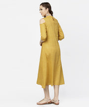 Yellow printed 3/4th cold shoulder sleeve cotton maxi dress